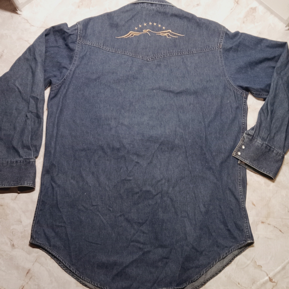 Ely Cattleman Vintage Denim Western  Pearl Snap Long Sleeve Barn Shirt - Picture 6 of 13